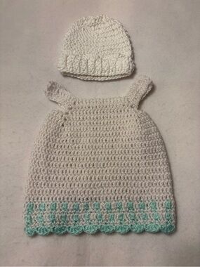 Handmade White Crochet Baby Dress & Hat Set with Mint Trim